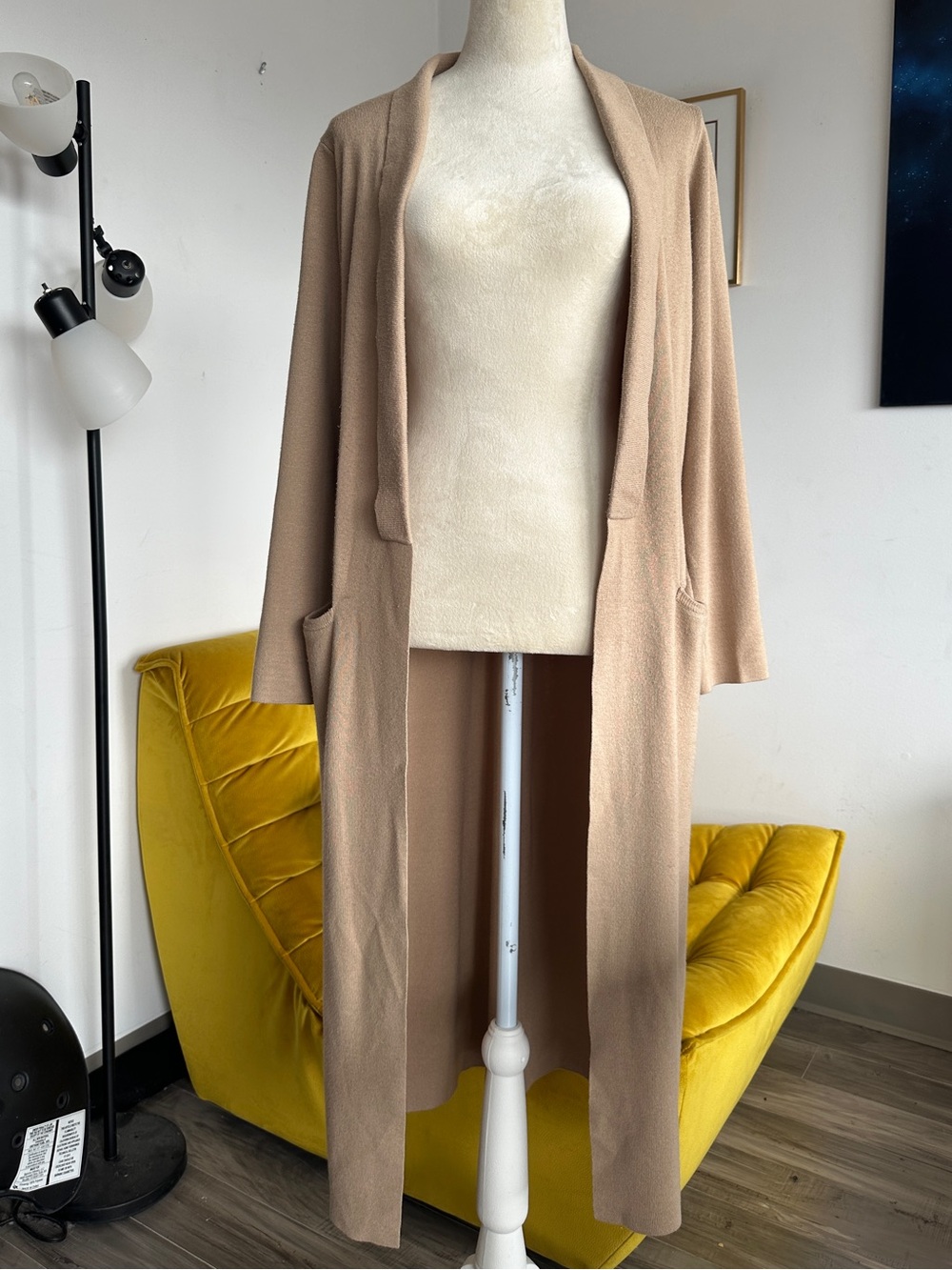 OAK + FORT Long Open-Front Cardigan in Camel